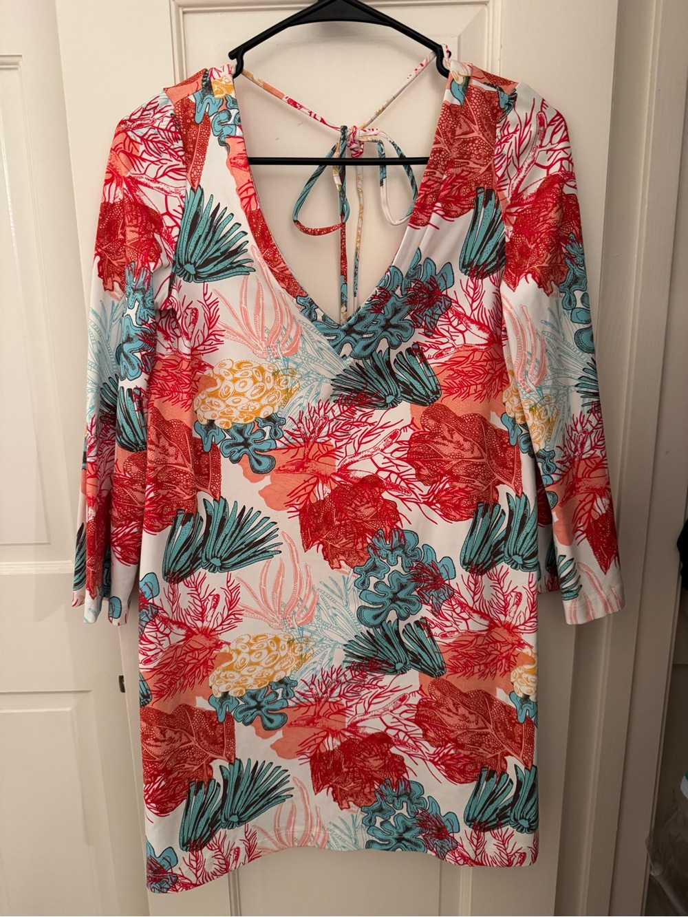 Women’s V-Neck dress in Coral & Teal Print